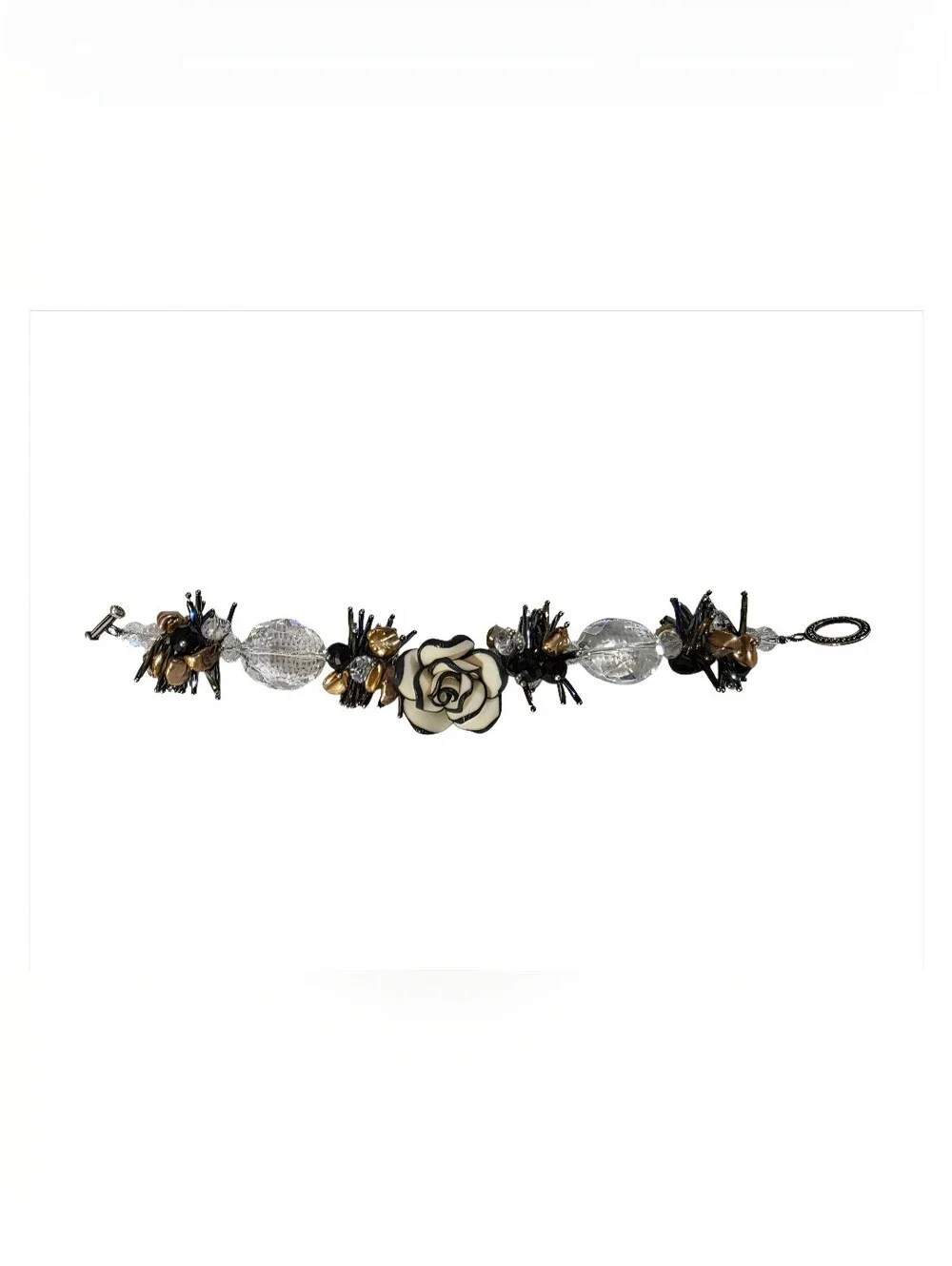Handmade Artisan Rose Beaded Bracelet Black Cream Bronze Pearl Crystal Tog Clasp
